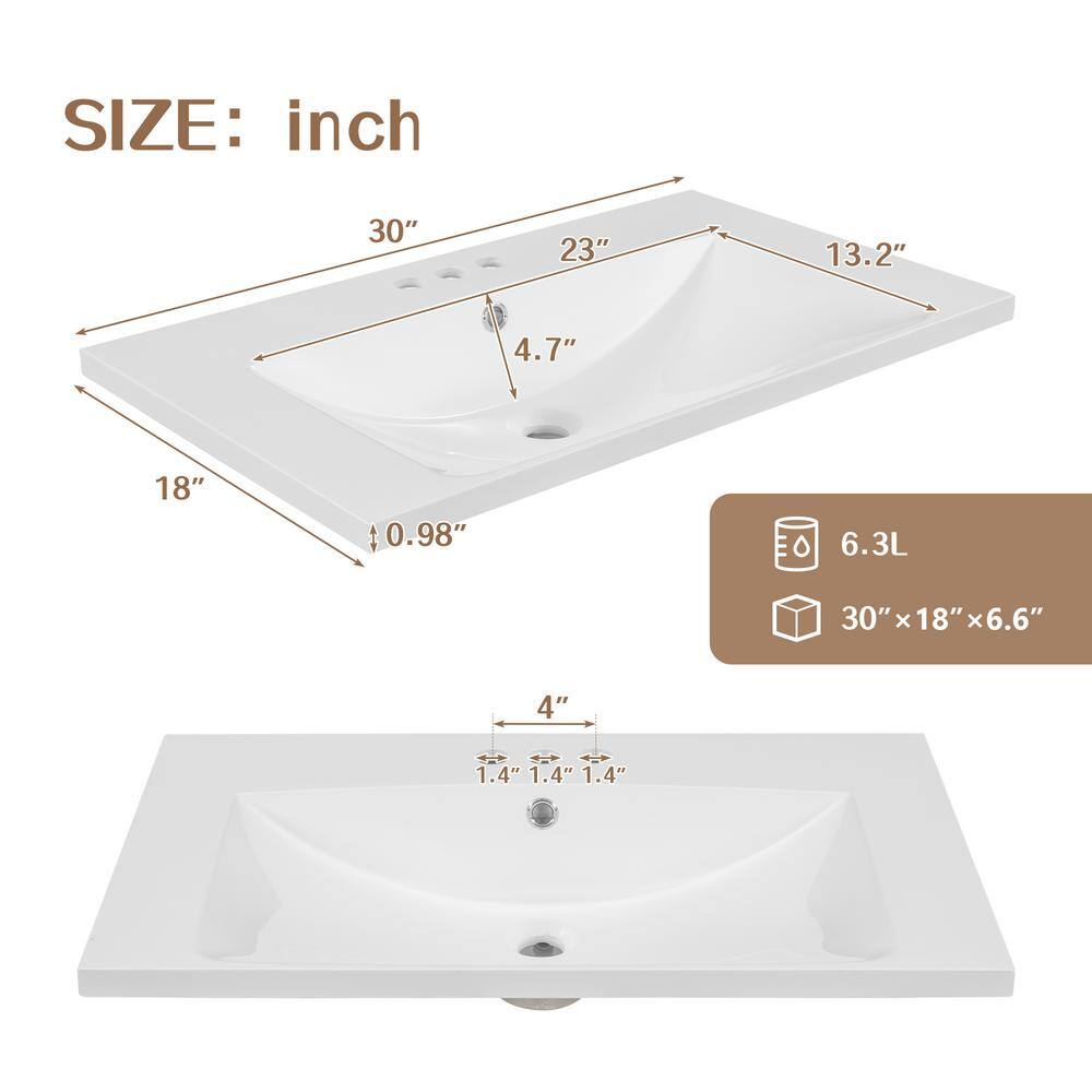 30" White Ceramic Bathroom Vanity Top with Single Sink
