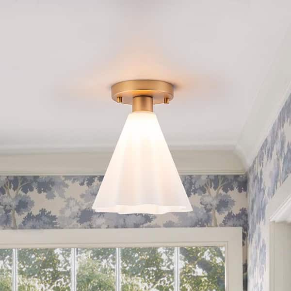 Dvorakova 7.87 in. 1-Light Brass Cone Semi Flush Mount with Striped Glass Shade