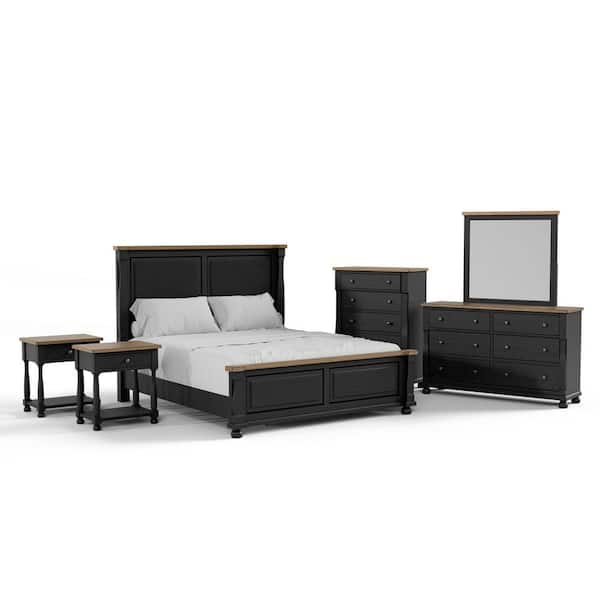 Windcrest 6-Piece Farmhouse Black Wood Queen Bedroom Set