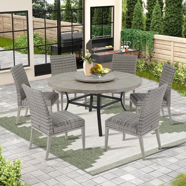 ULAX FURNITURE Allure 7-Piece Wicker Outdoor Dining Set, Dining Chairs and Round Dining Table with Lazy Susan