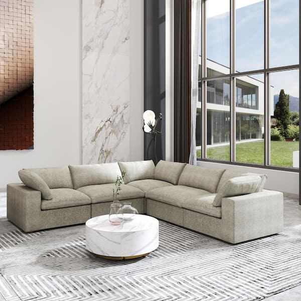 120 in. Square Arm Linen Deep Seat L Shaped 5-Piece Sectional Sofa in Light Brown with Removable Covers for Living Room