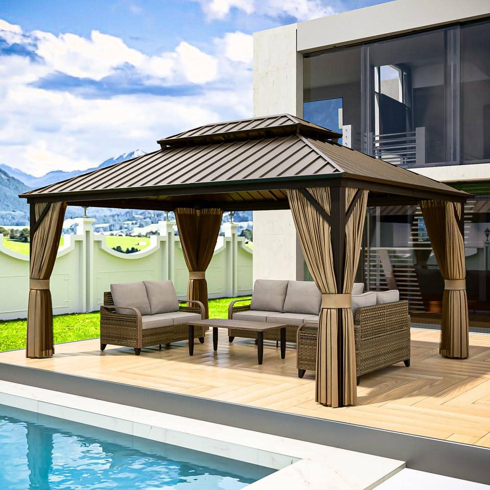 Brown 12' x 16' Aluminum and Steel Hardtop Gazebo with Curtains