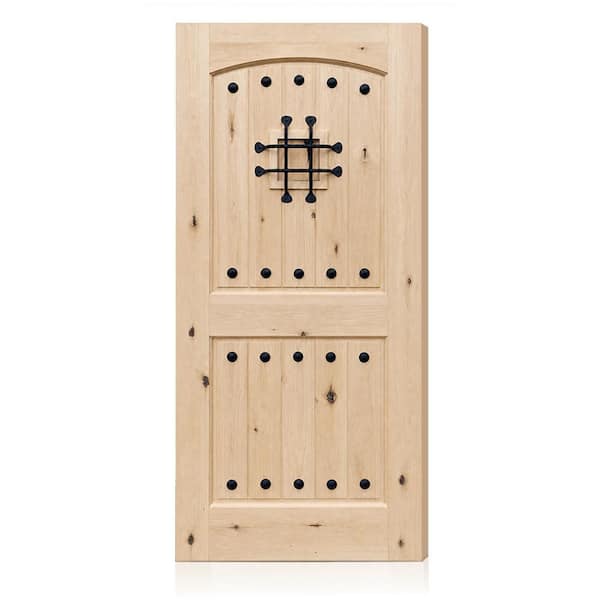 36 in. x 80 in. Reversible Classic Rustic Arch Top Unfinished Speakeasy Solid Knotty Alder Wood Front Door Slab