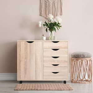 5-Drawer Natural Wood 30.7 in. W Storage Dresser Vertical Cabinet with Shelves, Wheels, Makeup-Drawer File Cabinet