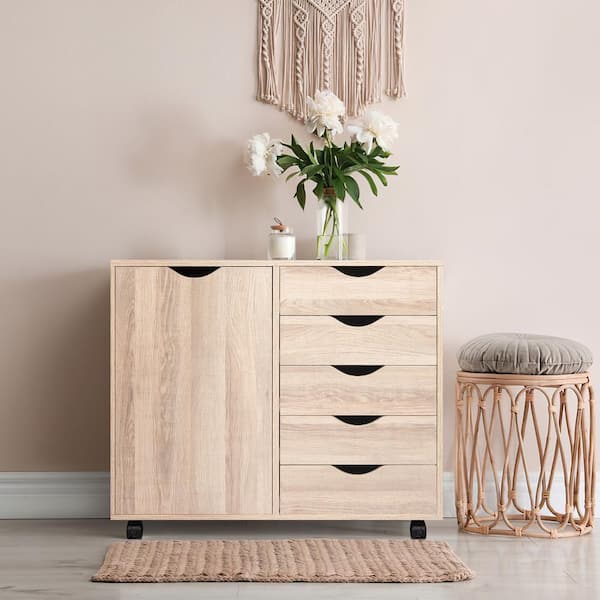 HOMESTOCK 5-Drawer Natural Wood 30.7 in. W Storage Dresser Vertical Cabinet with Shelves, Wheels, Makeup-Drawer File Cabinet