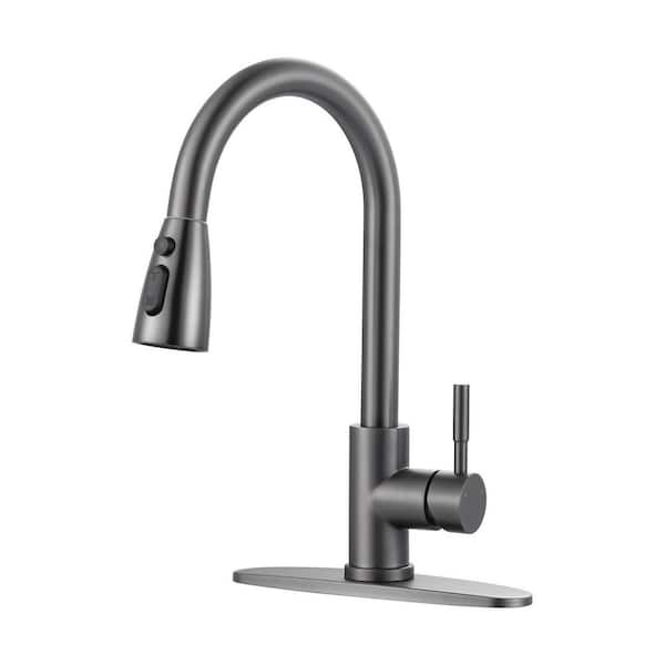 15.6 in. Single Handle Pull Down Kitchen Faucet with 18 in. Sprayer and 360 Degree Swivel in Black Stainless