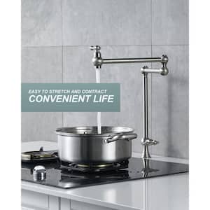 Brushed Nickel Deck Mounted Pot Filler with Double Handle Swing Folding Faucet in Solid Brass