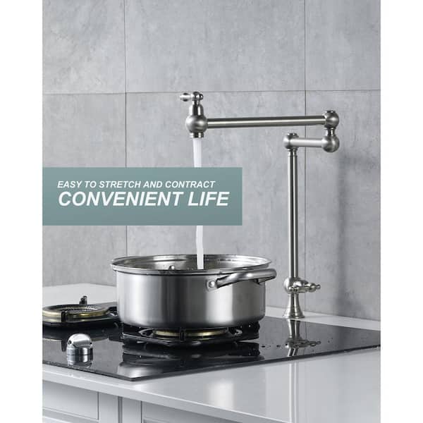 Deck Mounted Brass Pot Filler Folding Faucet Over Stove with Double Handle Swing Arms in Brushed Nickel