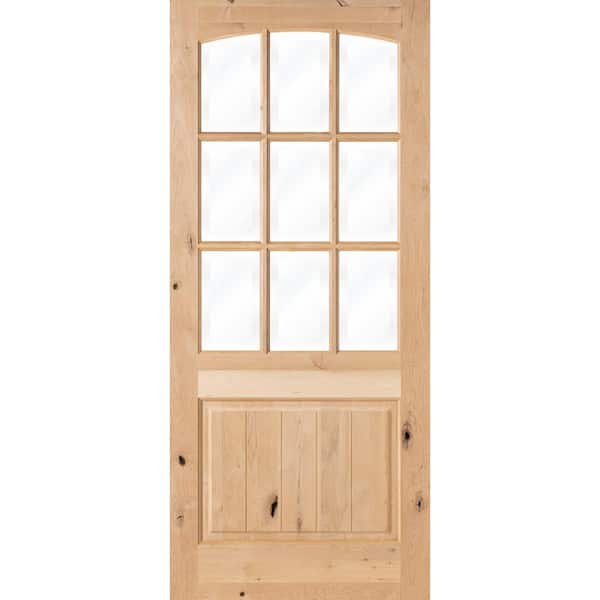 Krosswood Doors 32 in. x 96 in. Rustic Knotty Alder Arch Top 9-Lite Clear Glass with V-Panel Unfinished Wood Front Door Slab