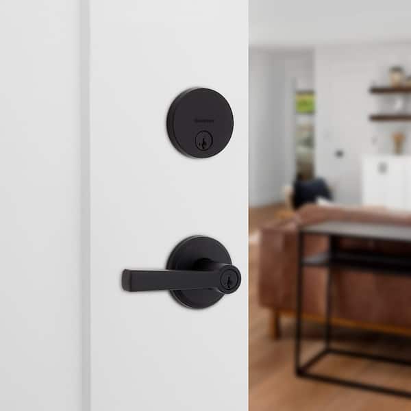 Trafford Keyed Entry Handle and Single Cylinder Deadbolt Combo Pack featuring SmartKey Security in Matte Black