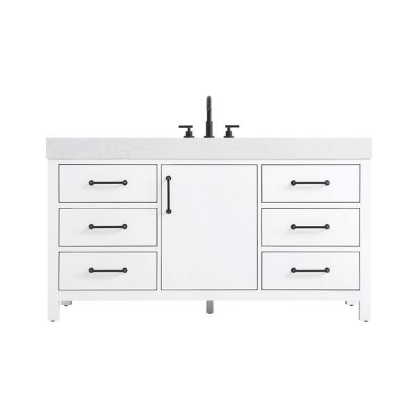 60 in. Single Sink White Bath Vanity with White Engineered Marble Top
