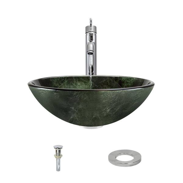 Mr Direct Glass Vessel Sink In Forest Green With 718 Faucet And Pop Up Drain In Chrome 629 718 C Ens The Home Depot