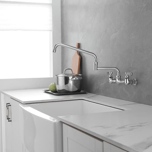2-Handle Commercial Sink Faucet with 18" Swivel Spout 8" Center Wall Mount Kitchen Faucet in Polished Chrome