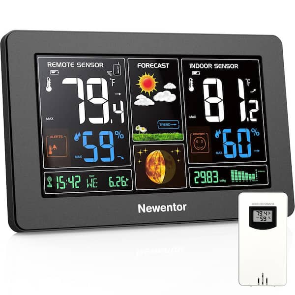 Black Wireless Indoor Outdoor Weather Station with Color Display Atomic Clock for Home Monitoring (1-Pack)