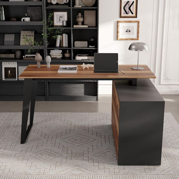 FUFU&GAGA 54.3 in. Rectangular Black Wood 3-Drawer Desk with 2