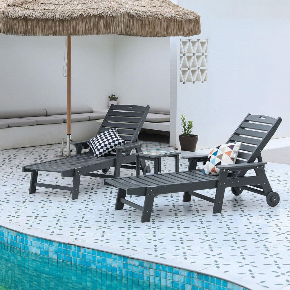 3-Piece HDPE Outdoor Chaise Lounge with Table Patio Lounge Chair Set with 5 Positions,Wheels and Cup Holder, Grey price history on PriceWatchPro