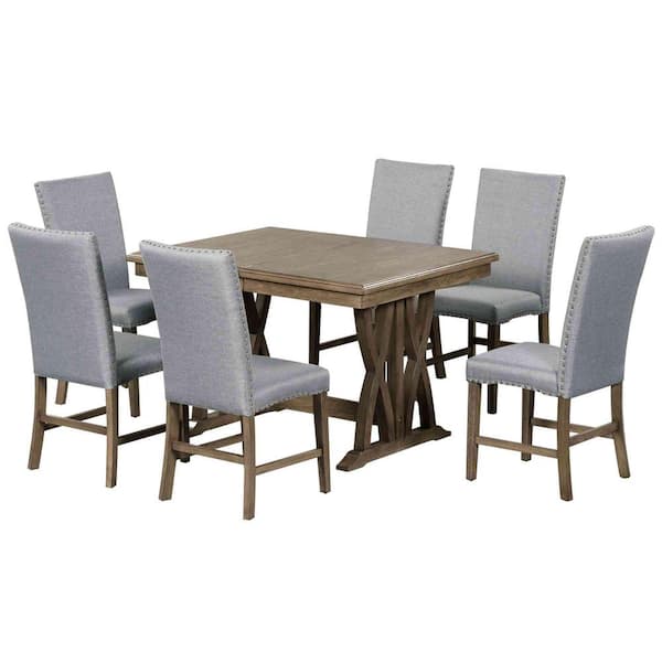 7-Piece Mid-Century Gray Extendable Wood Top Dining Room Set Seats 6