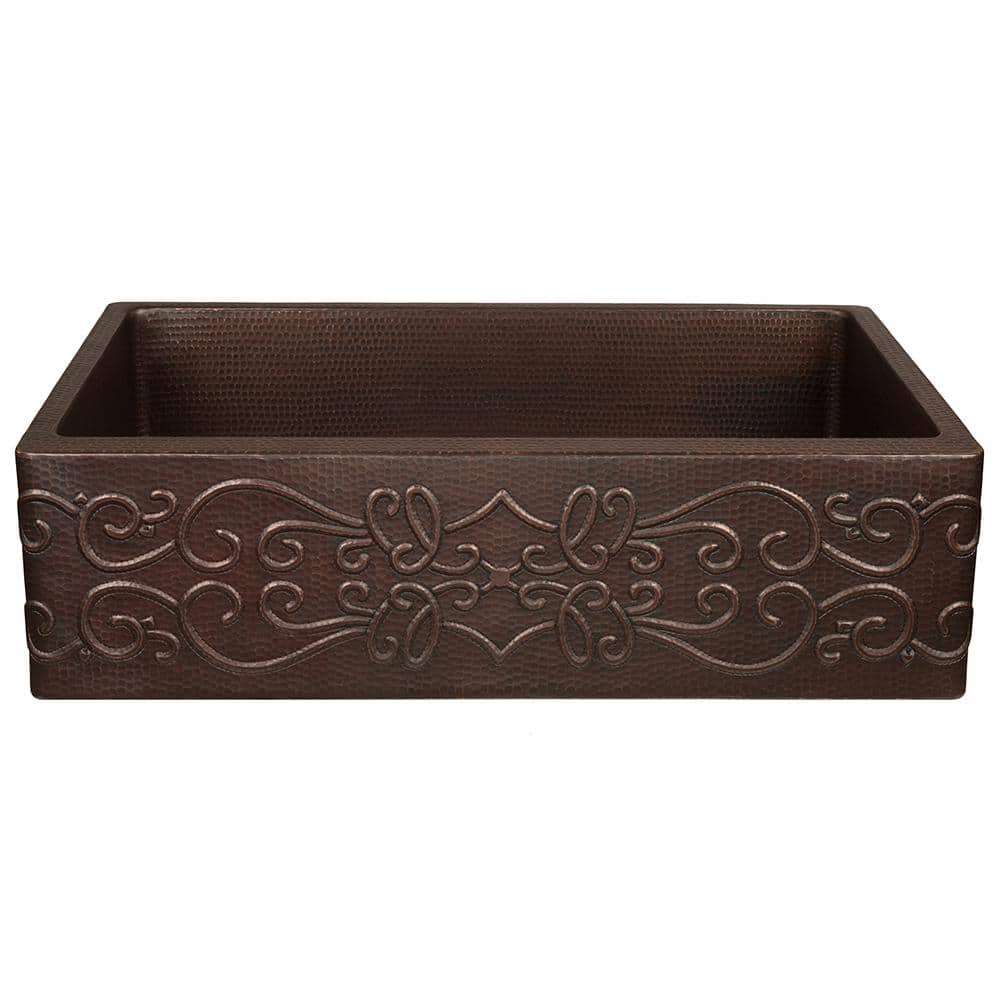 33" Hammered Copper Farmhouse Drop-in Kitchen Sink with Scroll Design