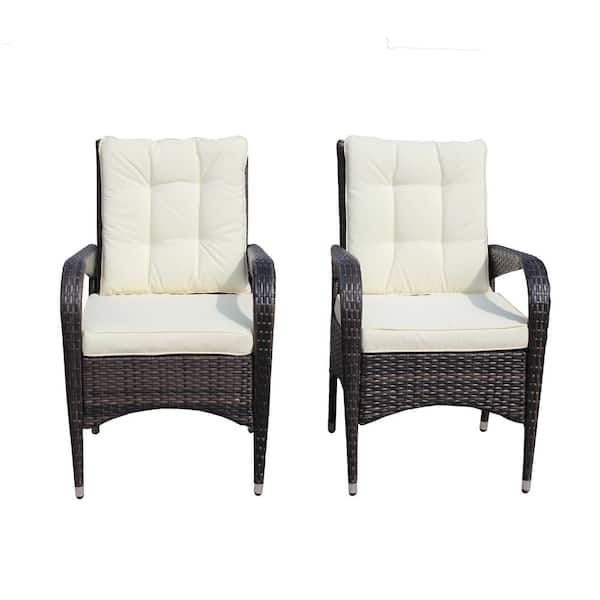 Unbranded Wicker Outdoor Dining Chair with Beige Cushion (2-Pack)