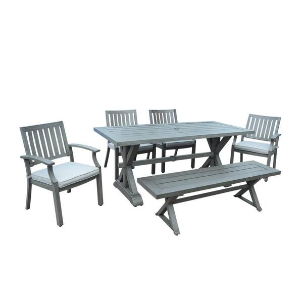 Noble House Lombok 29.50 in. Dark Grey 6-Piece Aluminum Rectangular Outdoor Patio Dining Set with Silver Cushions