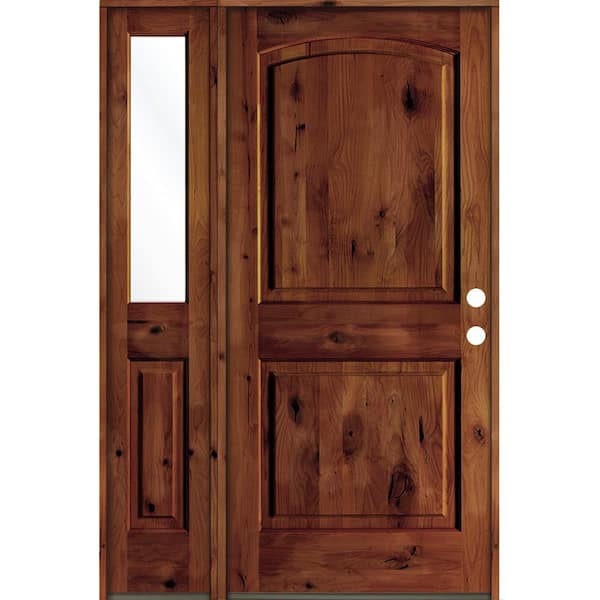 Krosswood Doors 44 in. x 80 in. Knotty Alder Left-Hand/Inswing Clear Glass Red Chestnut Stain Wood Prehung Front Door with Sidelite