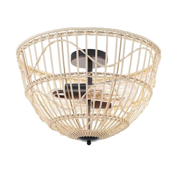 aiwen Farmhouse 16.73 in. 2-Light Woven Rattan Cgae Flush Mount Ceiling Light