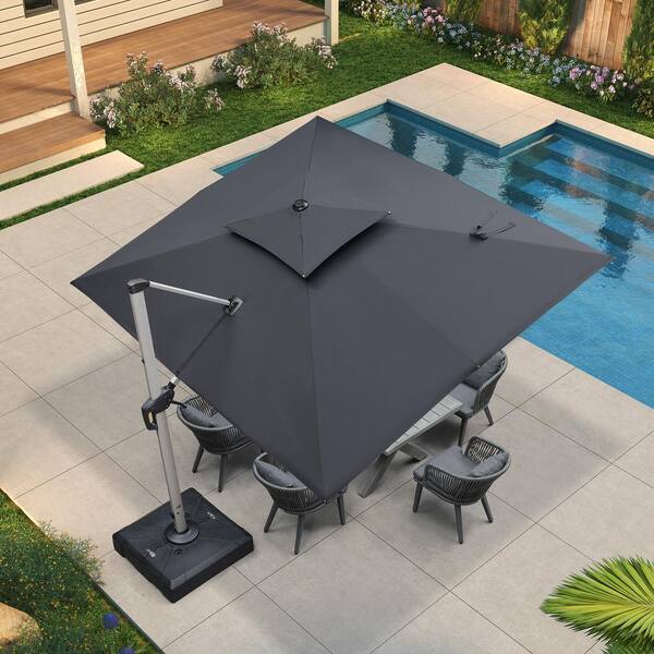 PURPLE LEAF 9 ft. x 11 ft. High-Quality Aluminum Cantilever Polyester Outdoor Patio Umbrella with Base, Gray