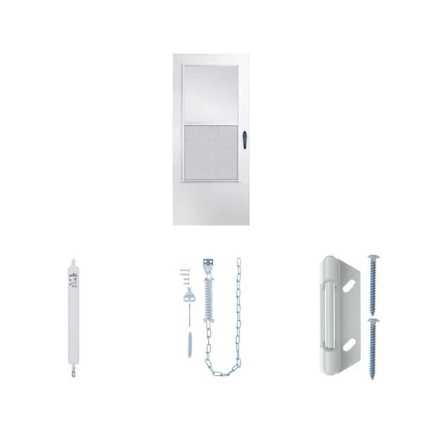 36 in. x 80 in. White 3/4-Light Storm Door with Black Hardware, Door Closer, Chain Stop, and Strike Plate Combo