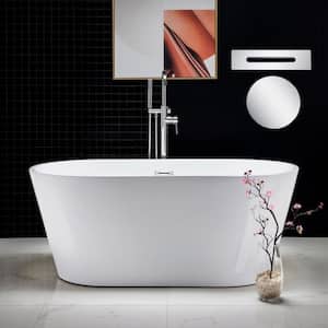 59 in. L x 29.5 in.W Acrylic Flat Bottom Soaking Bathtub in White with Polished Chrome Drain and Tub Filler