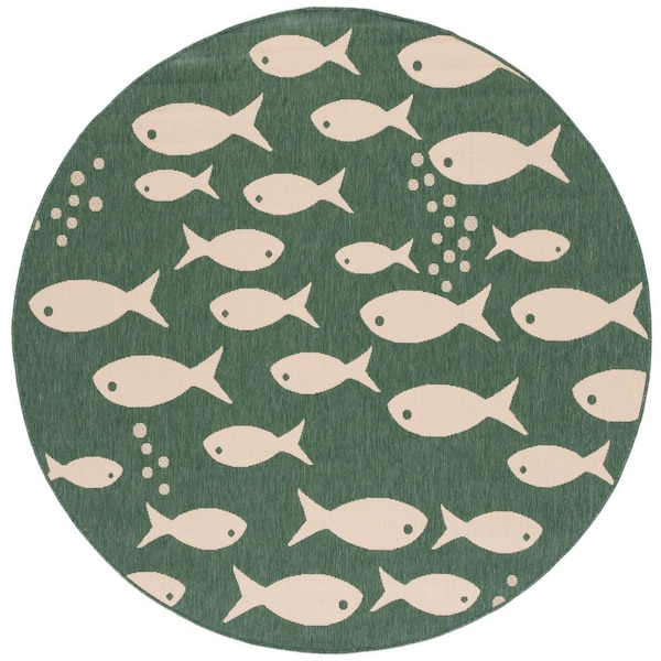 Courtyard Dark Green/Ivory 5 ft. x 5 ft. Novelty Fish Indoor/Outdoor Round Area Rug