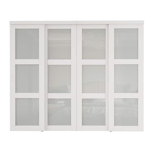 96 in. x 80 in. 3-Lite Frosted Glass White Finished MDF Interior Closet Sliding Door with Hardware