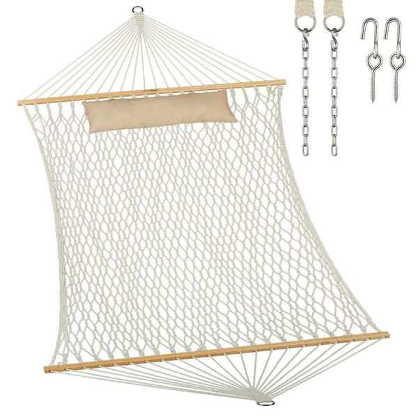 10.5 Traditional Rope Double Ha mmock Bed, Hand Woven Cotton Ha mmock with Hardwood Spreader Bar and Pillow 450 lb. Load