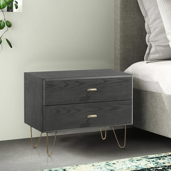 Benjara Gray and Gold 2-Drawer 16 in. Wooden Nightstand