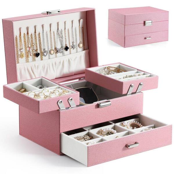 EJK56 バーズアイメープル 3段ジュエリーボックス ティアラ3P もりかね Dracelo Pink 9.1 in. x 5.7 in. 3-Tier Leather Jewelry Organizer