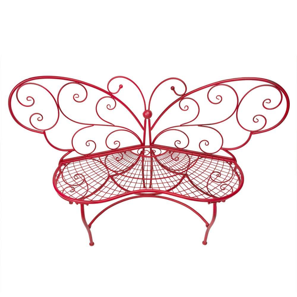 Bright-Red Butterfly-Shaped Metal Garden Bench, 62"L x 26"W x 38"H