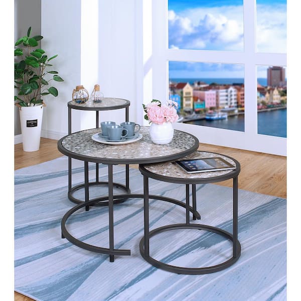 Furniture of America Dregori 29.5 in. Gum Metal Powder Coating Round Plastic Top 3-Piece Accent Table Set
