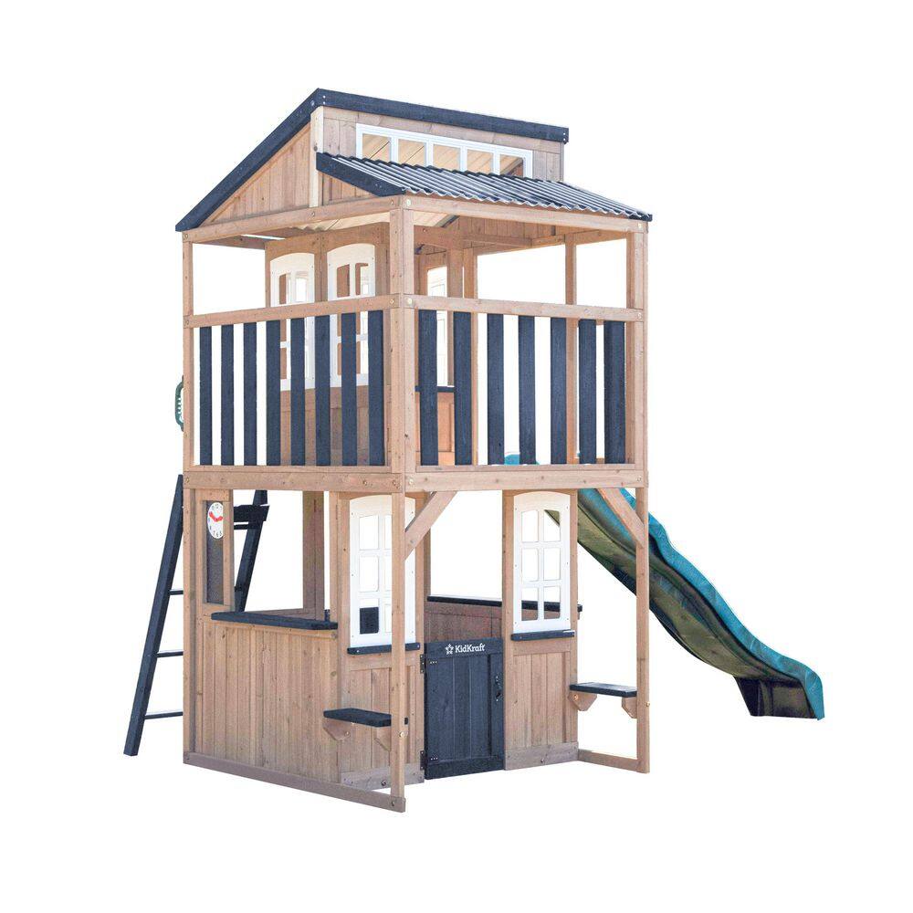 DIY Cliffbrook Wooden Outdoor Playhouse with Two-Stories, Slide, Balcony, Climbing Ladder, Chalkboard, and Windows