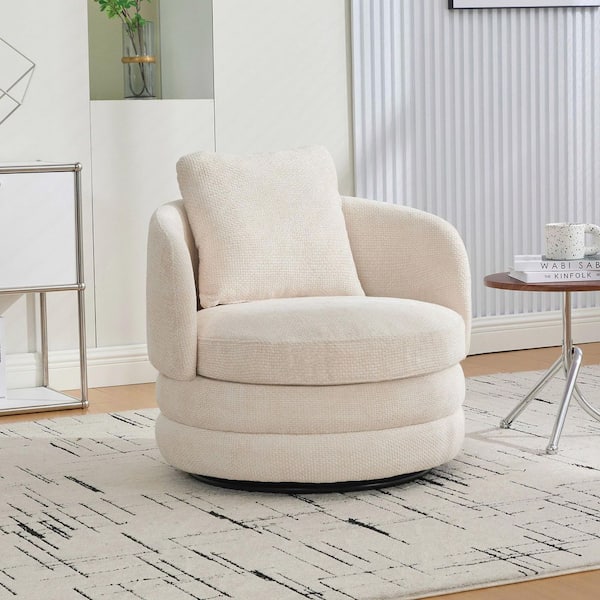 Galen Modern Beige Chenille Upholstered Round Swivel Barrel Accent Arm Chair with Pillow, Single Club Sofa Chair