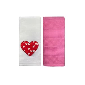 Valentine's Day Embroidered Cotton Hand Towel 2-Piece Set Heart Script White