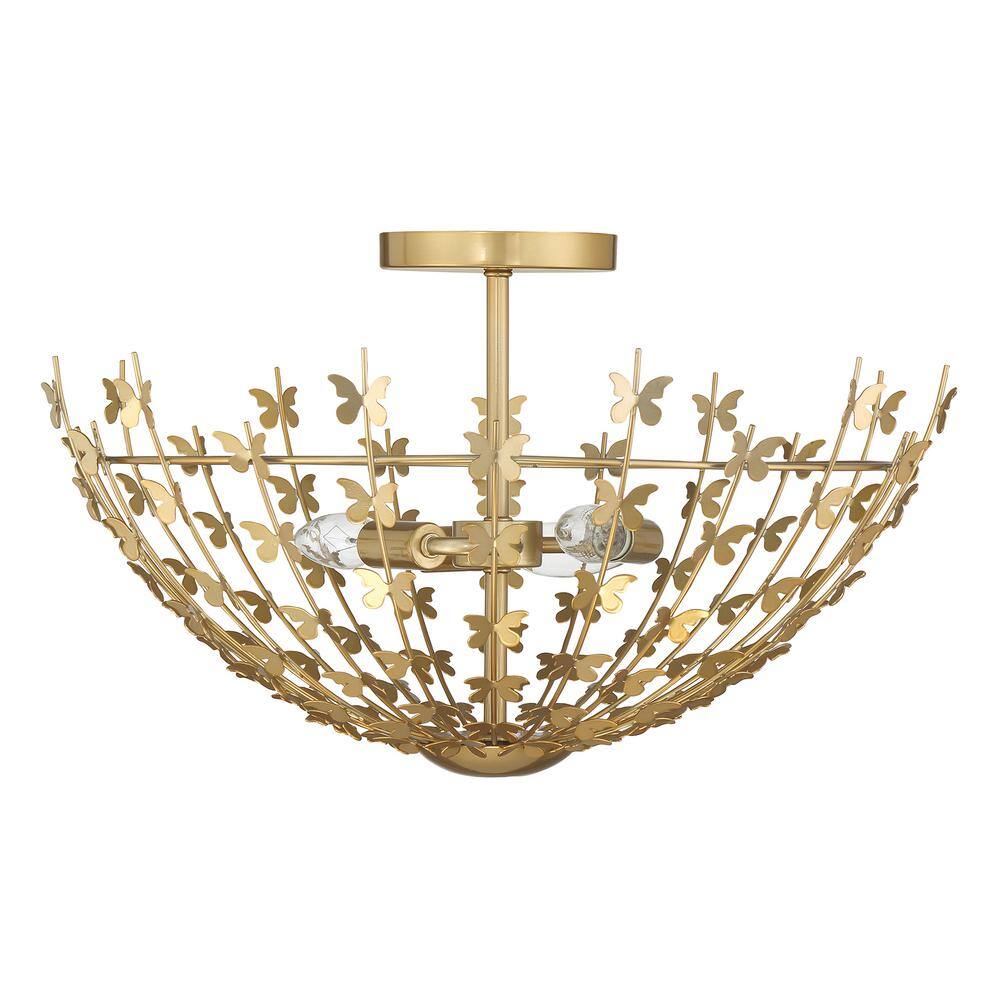 Burnished Brass Butterfly 3-Light Semi-Flush Mount Ceiling Fixture