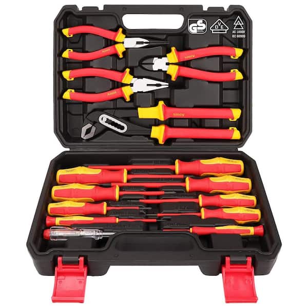 VDE Insulated Screwdriver and Pliers Set 14 Piece Magnetic Phillips Slotted Black Ergonomic Handle Insulated Kit