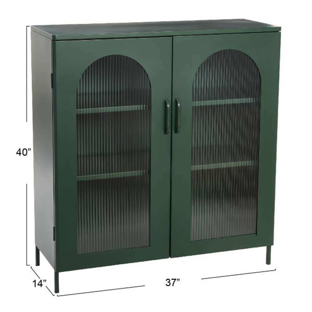 Dark Green Metal Cabinet with Adjustable Shelves and Arched Glass Doors