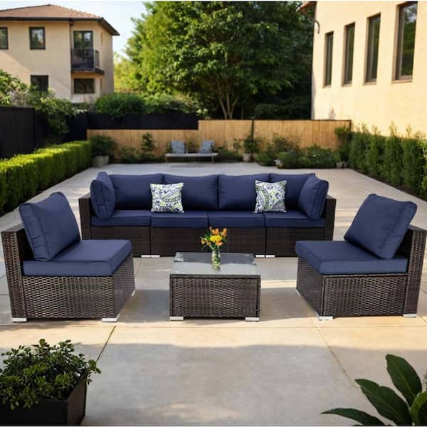 6-Piece Gray Wicker Outdoor Patio Sectional Sofa Conversation Set with Gray Cushions, 1 Side Table and 2 Ottomans