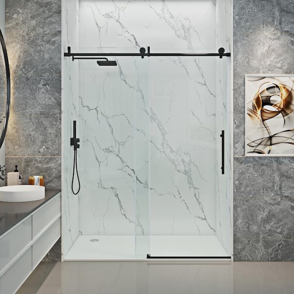 MCOCOD 60 in. W x 76 in. H Single Sliding Frameless Soft Close Shower Door in Matte Black with 3/8 in.(10 mm) Clear Glass