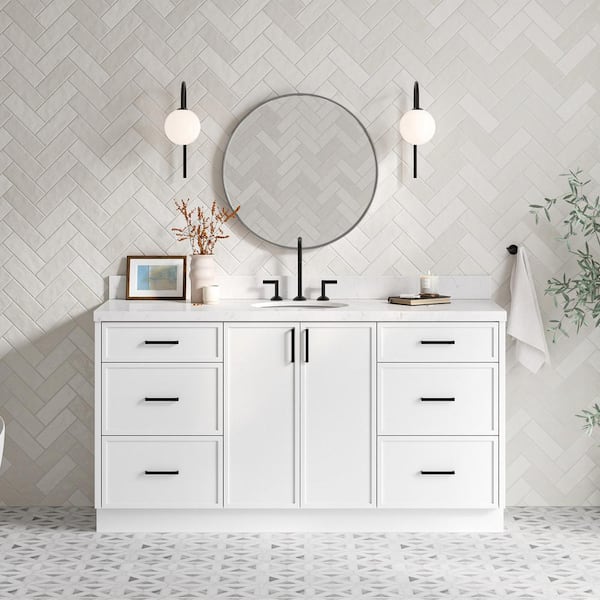 ARIEL Kelly 66 in. W x 22 in. D x 36 in. H Single Bath Vanity in White with Carrara White Quartz Top