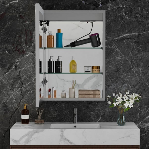 16 in. W x 24 in. H Rectangular Aluminum Medicine Cabinet with Mirror, Dimmable Light, Anti-Fog, Adjustable Shelves