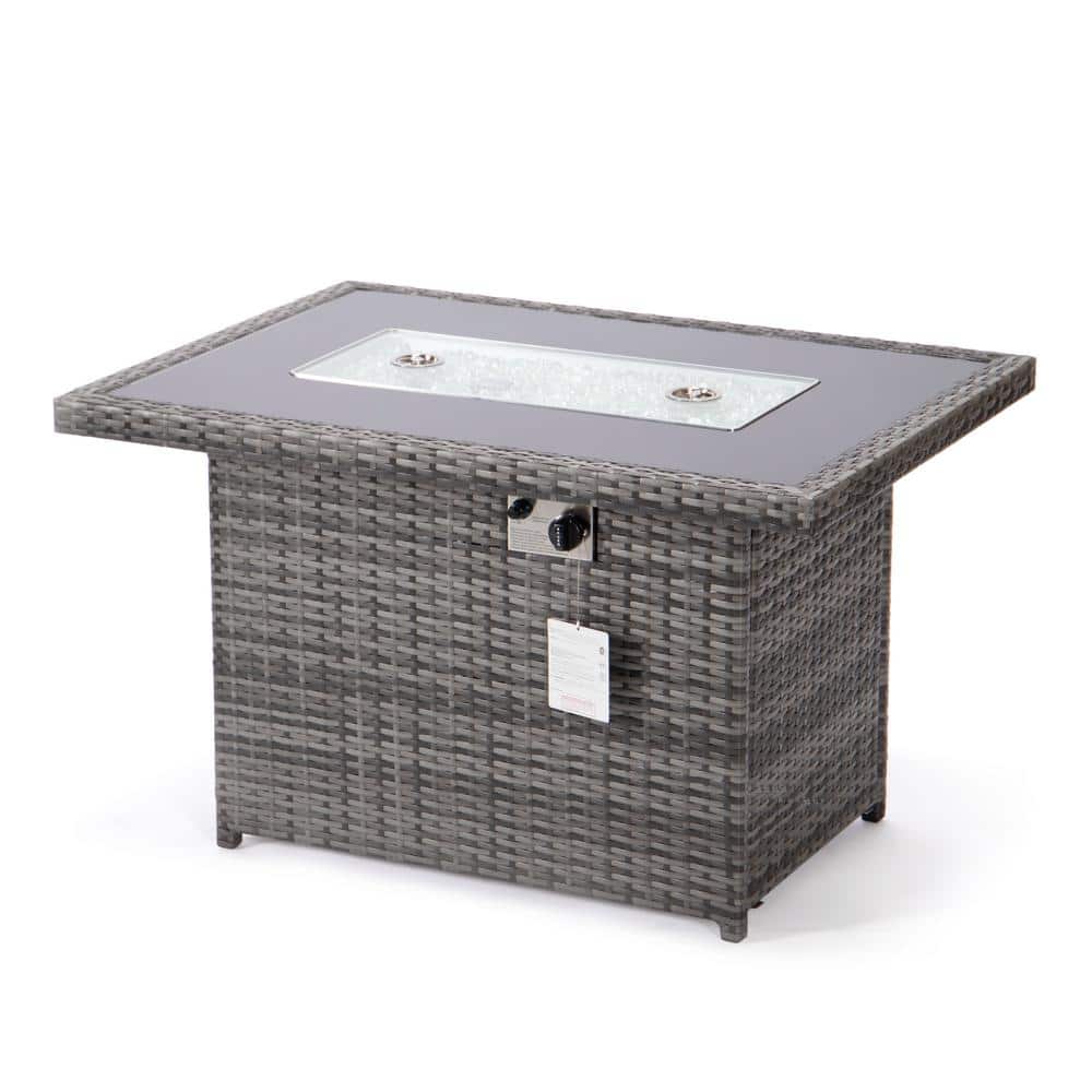 Gray Wicker Propane Fire Pit Table with Glass Guard