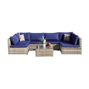 Light Gray 7-Piece Wicker Outdoor Sectional Set Patio Sofa Set with Navy Cushions and Coffee Table