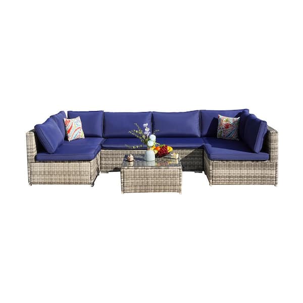 Anvil Light Gray 7-Piece Wicker Outdoor Sectional Set Patio Sofa Set with Navy Cushions and Coffee Table