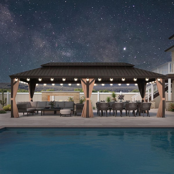 14 ft. x 28 ft. Bronze Patio Outdoor Gazebo for Backyard Hardtop Aluminum Frame w/Hook, Netting, Khaki Curtain,48-Lights